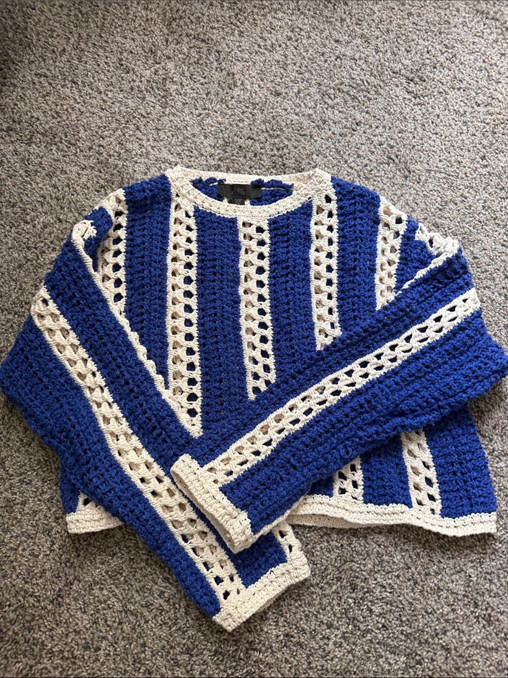 Zara Blue and Cream Open-Knit Striped Sweater